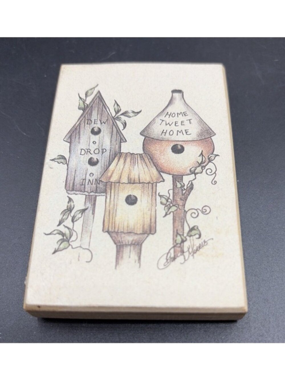 Vintage Signed Wood Decoupage Plaque Folk Art Birdhouses Farmhouse Cottagecore